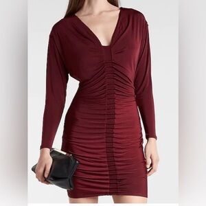 Express Ruched Long-Sleeve Bodycon Dress in Wine